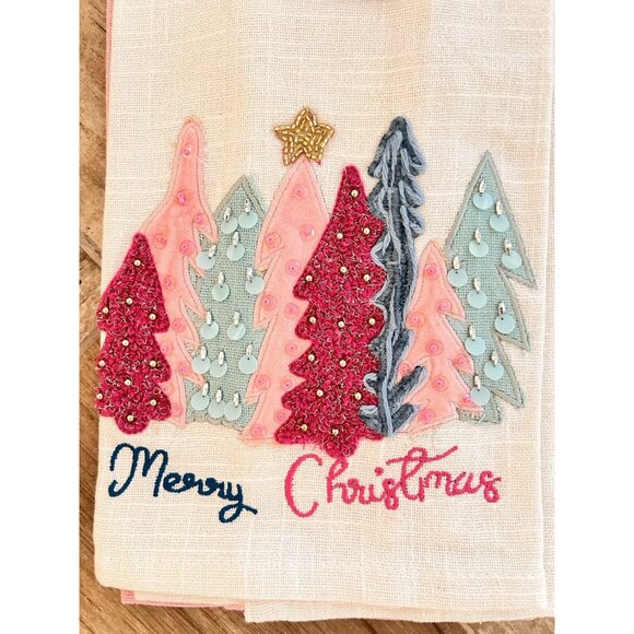 PINK CHRISTMAS Trees Kitchen Towel Set of 2 Embroidered BEADED Detailed 20" x 28 - Picture 6 of 8